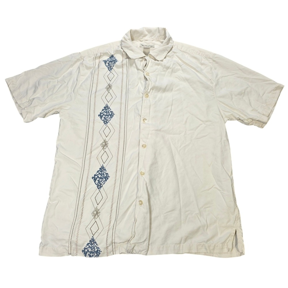 Pronto Uomo 100% Silk Button Down Shirt Men's Size XLT Cream Embroidered Y2K